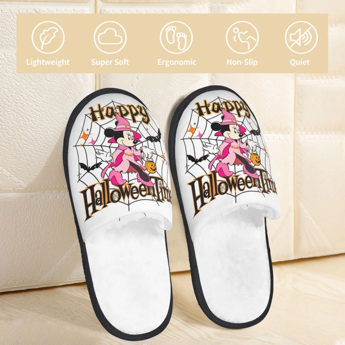 Minnie Disney Happy Halloween Home Cotton Slippers Living Room Cozy Household Fur Slides Slippers Anti-skid