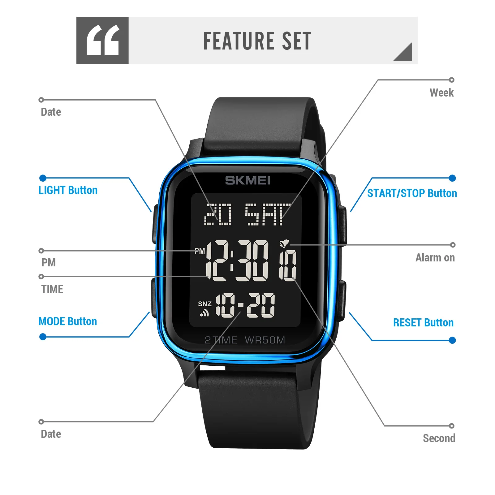 SKMEI jam tangan pria Elektronik, jam tangan pria Digital 2 waktu, jam tangan olahraga, jam hitung mundur, anti air 50M, jam tangan lampu Led