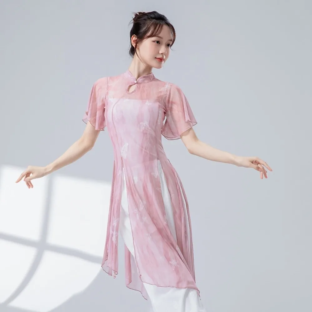 

Модный танцевальный топ-чонсам с классическим воротником, сетчатая блузка с разрезом-бабочкой, элегантный танцевальный сетчатый топ для женщин