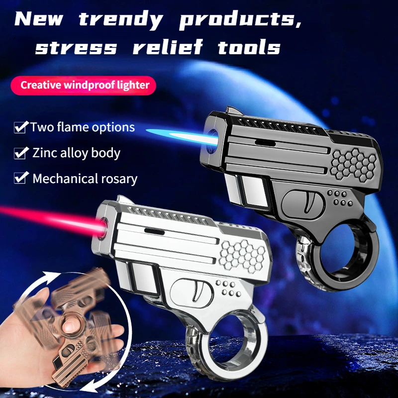 New Style Ring Gun Creative Trend Play Decompression Mechanical Rotating Rosary Metal Windproof Red Flame Lighter Straight Rush