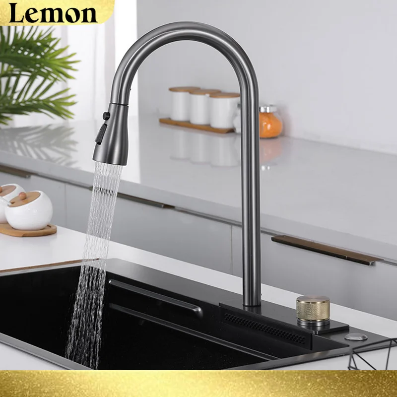 Waterfall Sink Pull Type Kitchen Faucet Hot Cold Mixer Vegetable Wash Tap Basin Multiple Water Outlets Rotation Flying Rain Tap