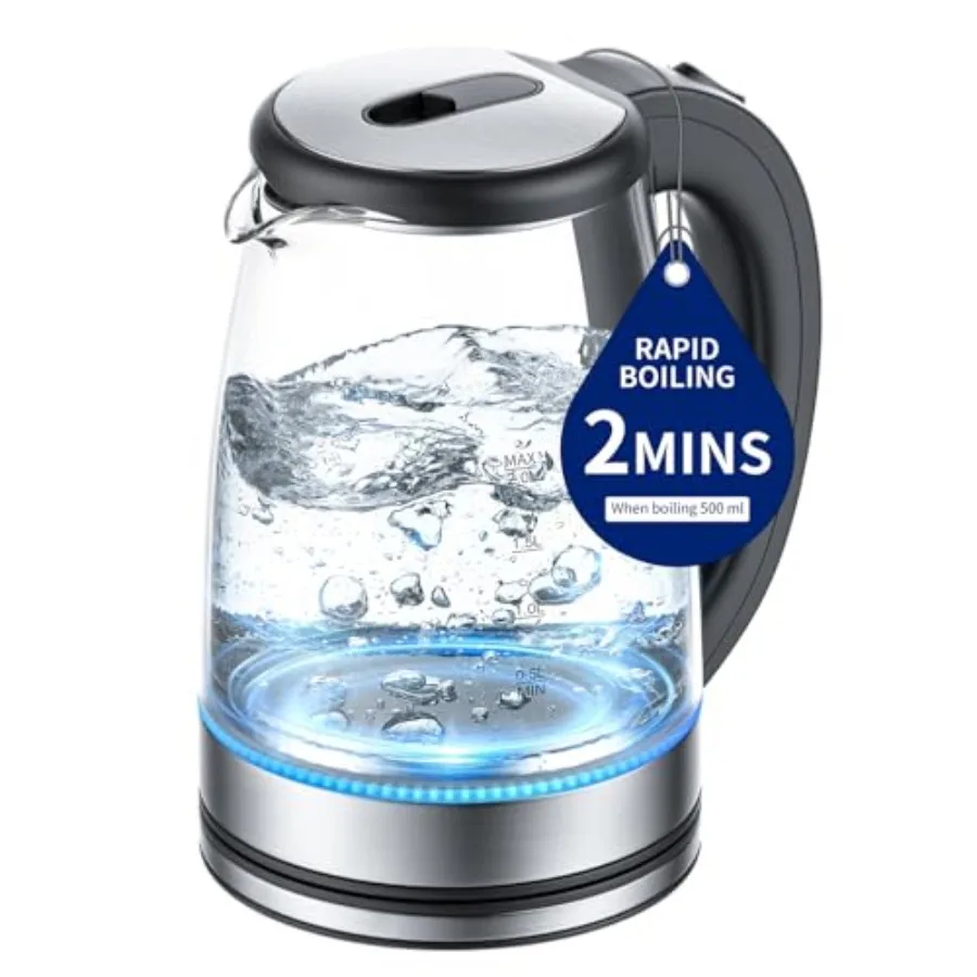 

Electric Kettle Glass 2L, 1500W Fast Boiling Hot Water Boiler with Auto Shut-Off, LED Light, BPA-Free, Borosilicate Glass, Stai