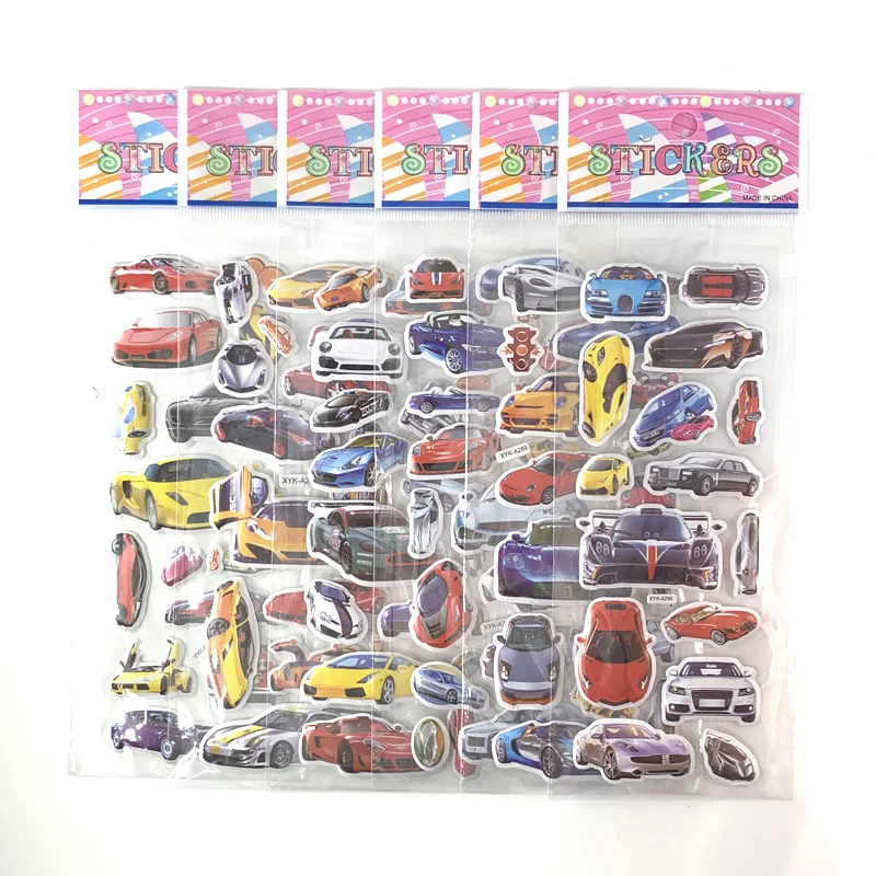 12 Sheets/Set Cartoon Car Sticker 3D Bubble Stickers Scrapbooking for Kids Home Decor Diary Notebook Label Toy