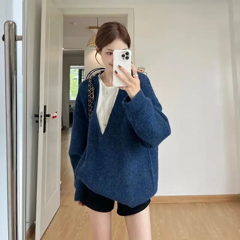 

Korean Fashion Retro Fake Two Blue Sweaters Women Autumn Winter New Loose and Lazy Style Pullover V-neck Mohair Knitted Tops