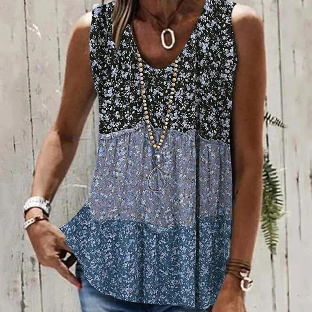 

Plus Size Women Sleeveless V-neck Floral Printed Stitching Top