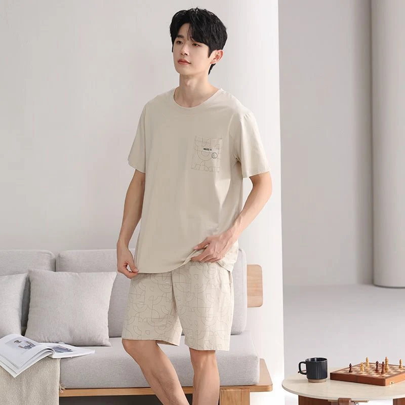 2026 Summer Short Sleeve 100% Cotton Casual Plaid Pajama Sets for Men Korean Loose Sleepwear Pyjama Homewear Male Home Clothes