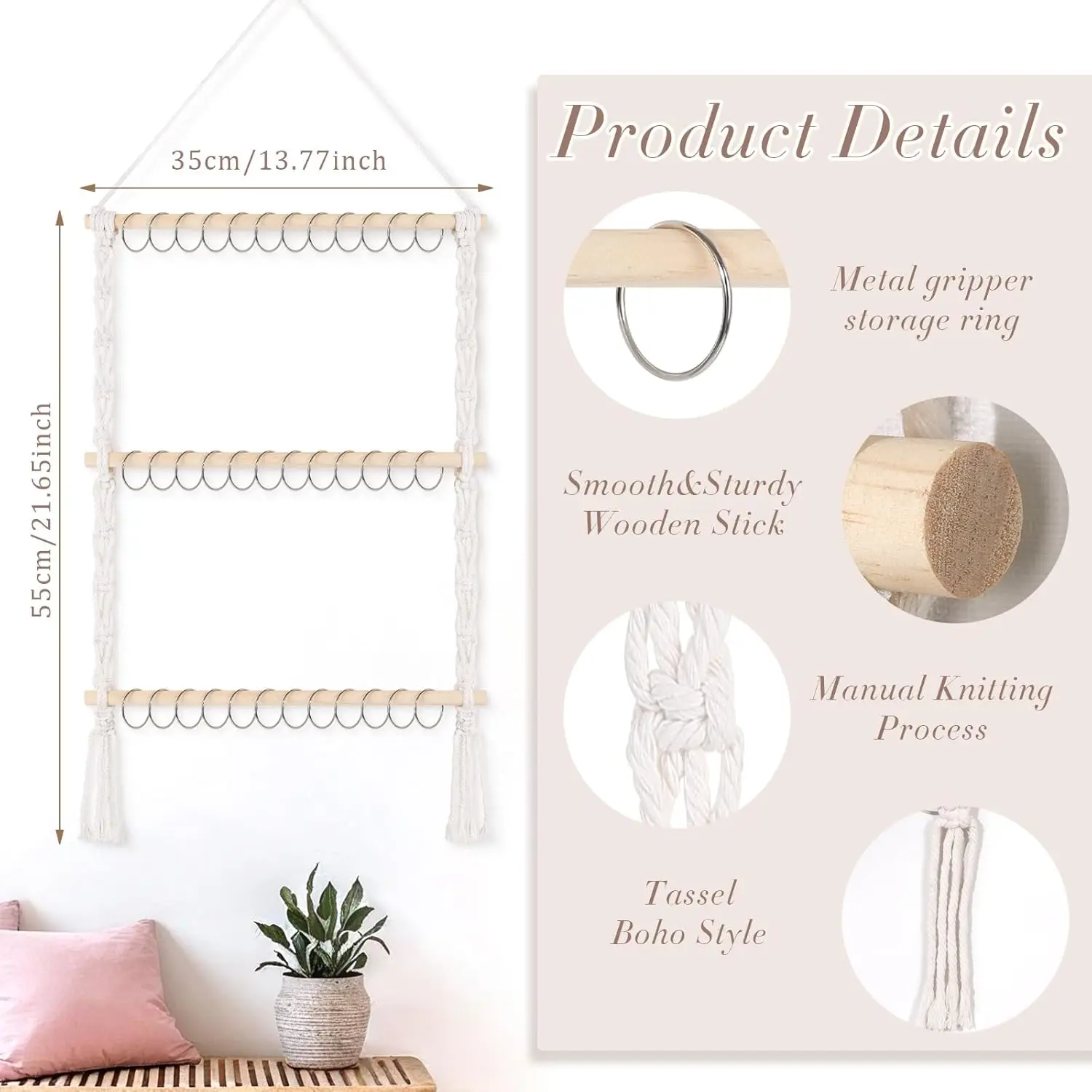 1pc Bohemian Hand-Woven Jewelry Storage Rack, With Metal Ring，Hair Clip And Headband Storage Rack, Wall-Mounted Display Rack