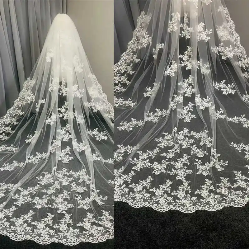 Luxury Wedding Veils Customized With Full Appliques Lace Cathedral Wedding Veils with Comb 3M Long White Ivory 2 T Bridal Veils