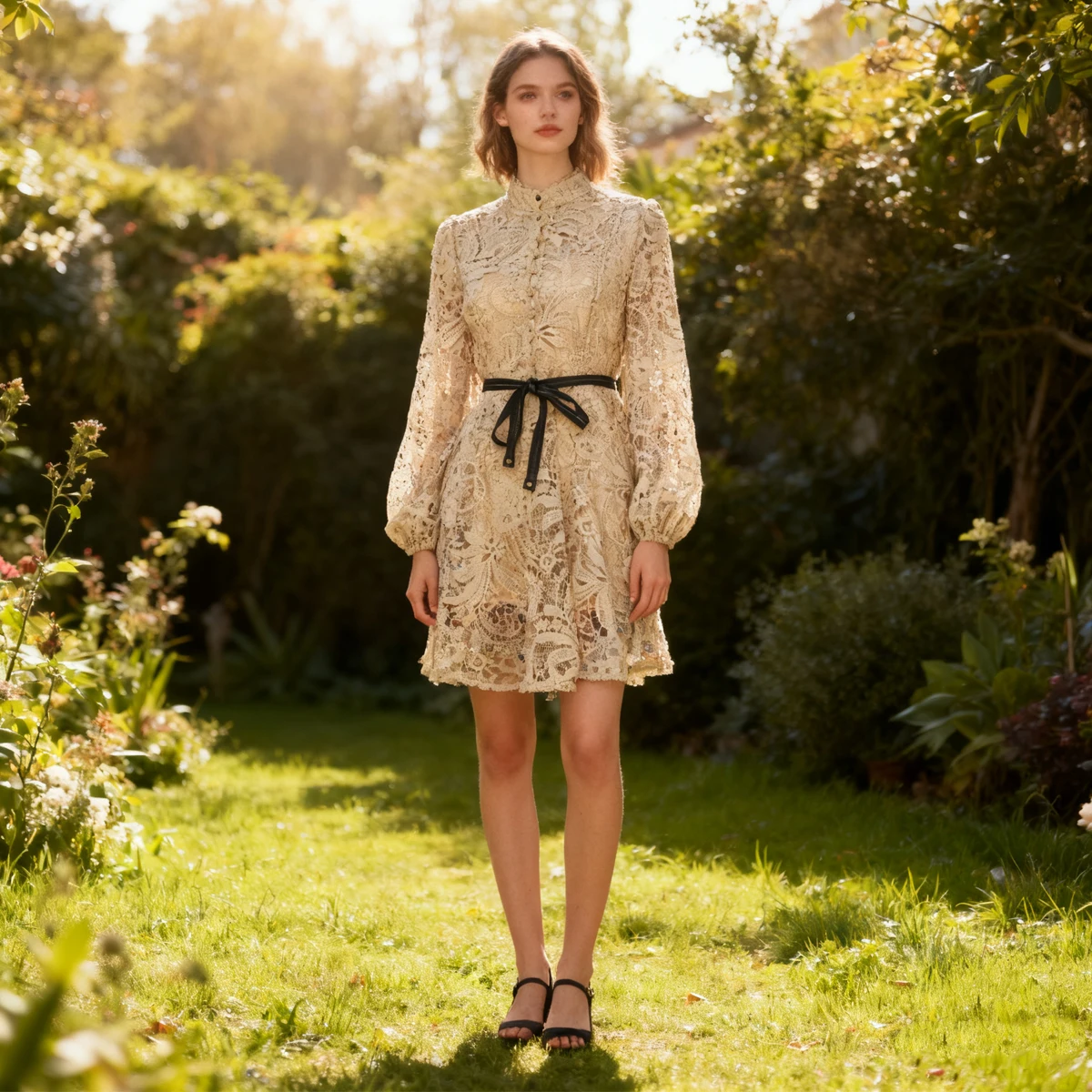 

Ретро-платье с вышивкой и кружевом, с завышенной талией, длинными рукавами, вырезами, воротником-стойкой, поясом и юбкой А-силуэта