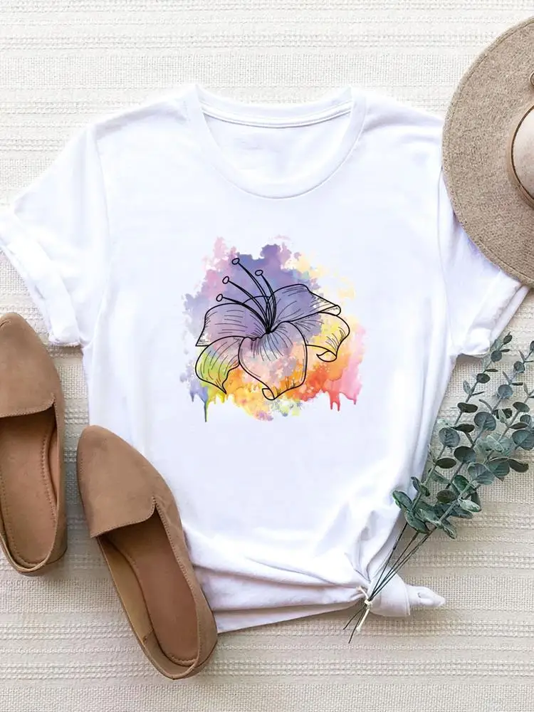 

Clothing Tee Basic Women Clothes Print T Shirt Watercolor Flower 90s Trend Short Sleeve Summer Top Fashion Graphic T-shirt