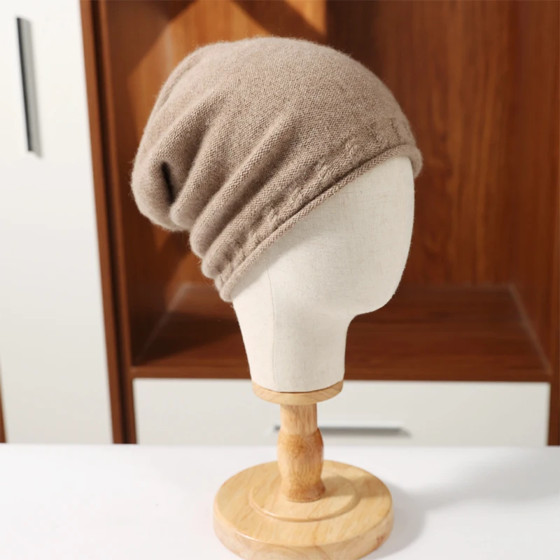 

100% Pure Wool Women's Knitted Beanie Autumn Winter Warm Soft Pullover Crimping Cap Korean Fashion Elegant Slouch Skullies