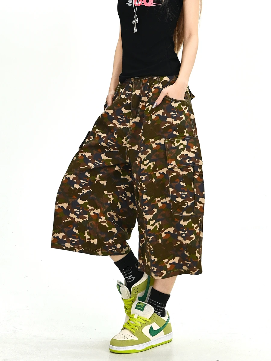 

Повседневные камуфляжные рабочие брюки-капри женские летние 2026, свободные, в стиле бойфренд, уличные, ретро, широкие, модные, прямые, фасон «труба»