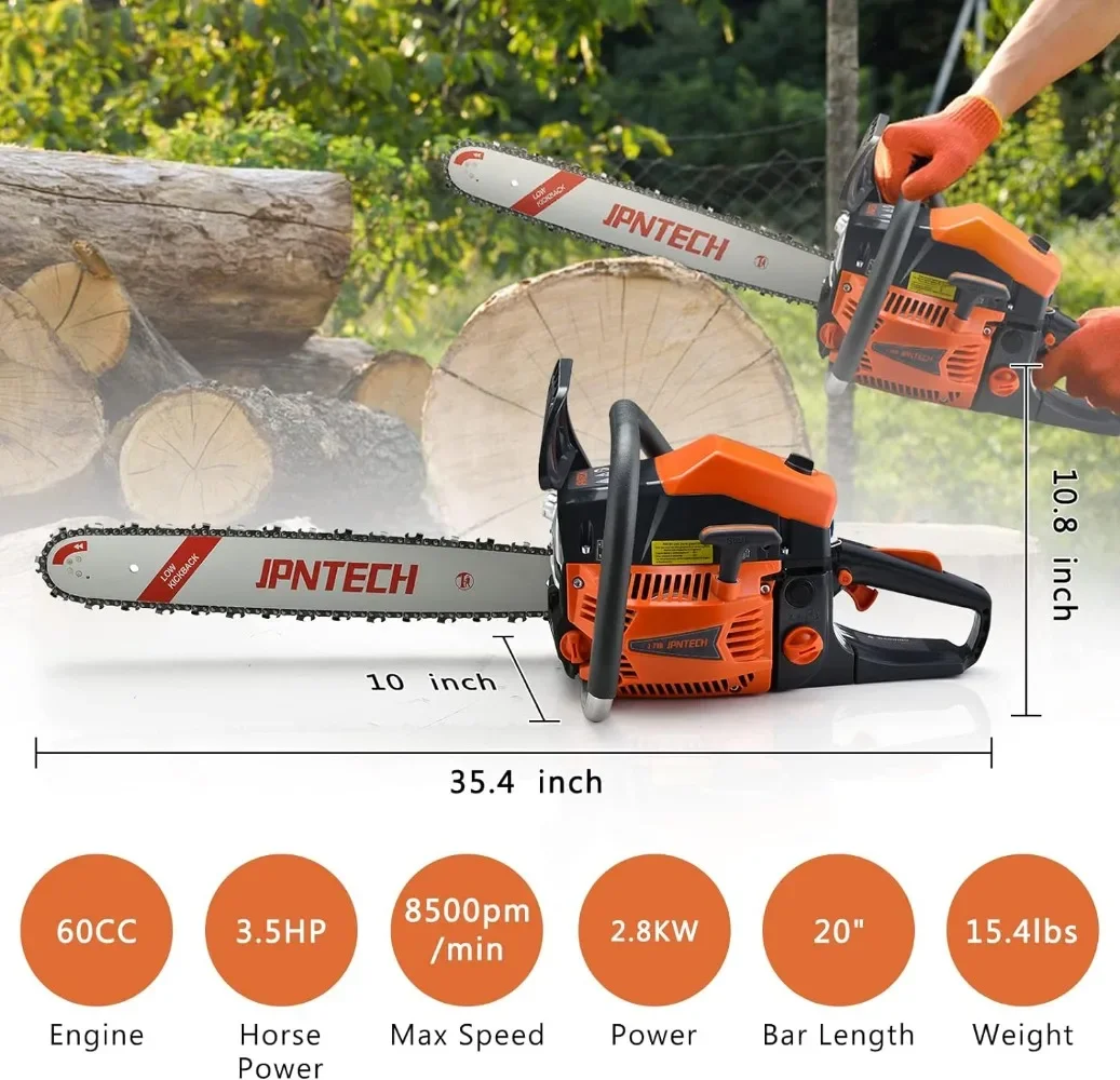 Gas Chainsaw 60cc 2-Cycle Gasoline Powered Chainsaw 20 Inch Handheld Cordless Petrol Chain Saws for Forest Wood Garden