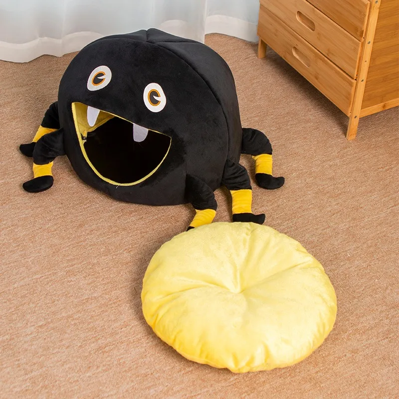 

Halloween Black Spider Pet Bed Enclosed Cat House Warm Dog Nest Villa Style Egg Shape Soft Indoor Sleeping Bed Cats Small Dogs