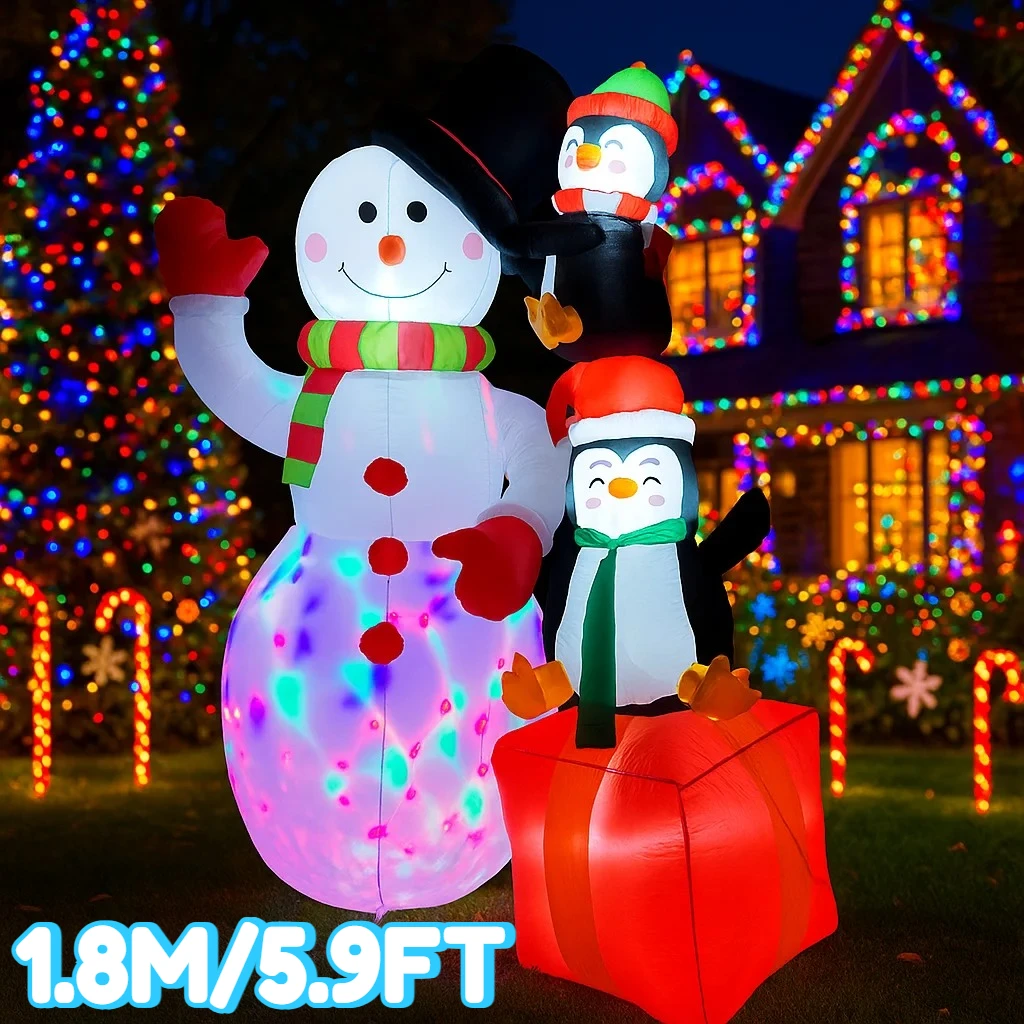 1.8M/5.9FT Inflatable Snowman Penguin Stack Gift Box Lights LED Home Holiday Lighting Decoratios Yard Xmas Ornaments Supplies
