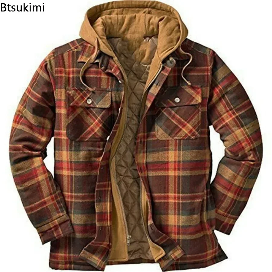 Autumn Winter Classic Style Plaid Cotton Padded Jackets Men's Thickened Warm Hooded Shirt Coats Vintage Casual Men Parkas Jacket