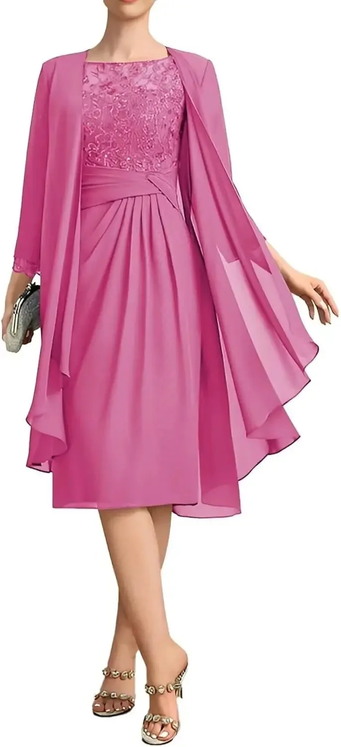 QMANSHA Maßgeschneidertes staubblaues Spitzen-Chiffon-Abendkleid in Knielänge für die Brautmutter mit geraffter Taille – Detail 21