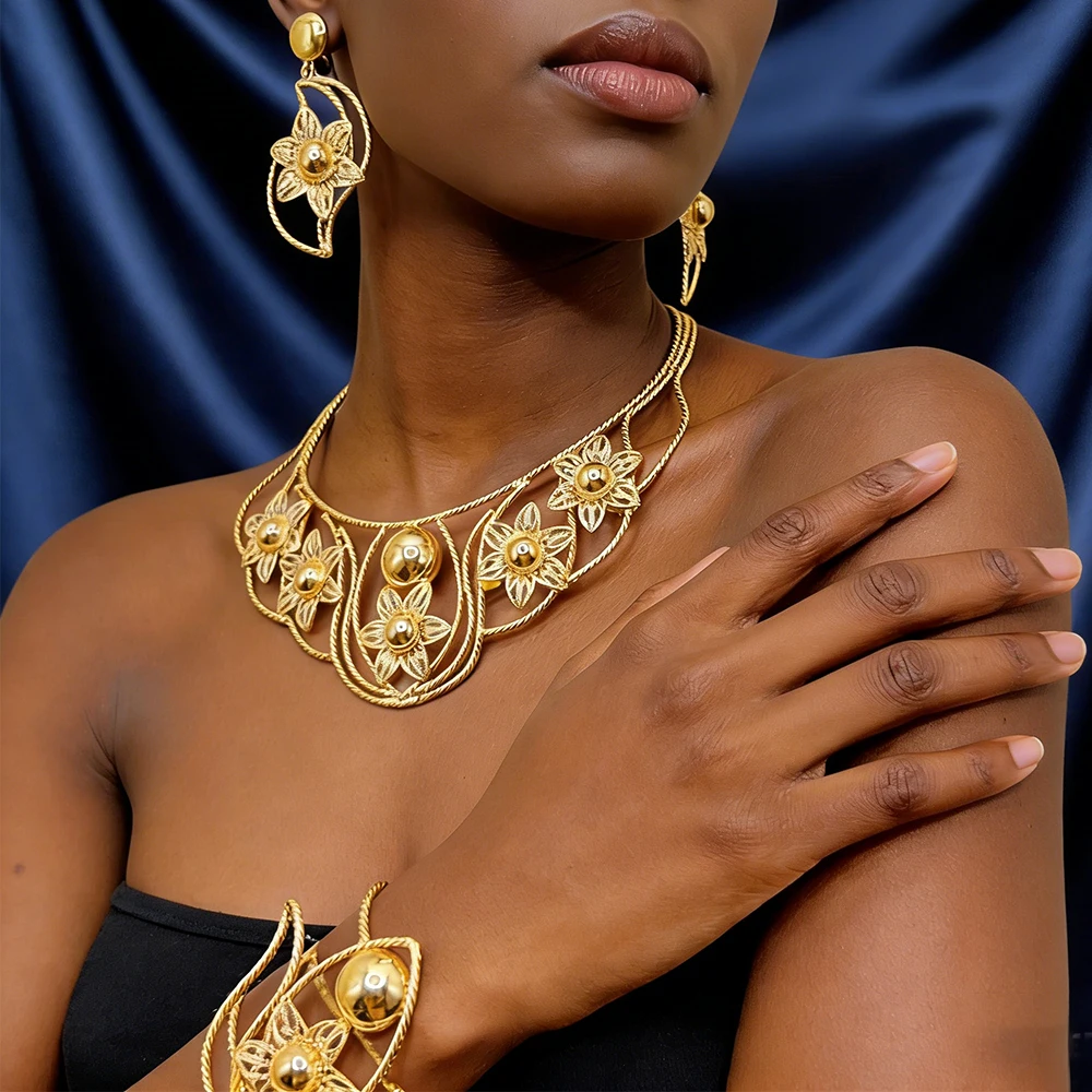 

Classic Large Flower Necklace Earrings Bracelet Ring Set African Luxury Women's Necklace Earrings Bangle Ring Jewelry for Ladies