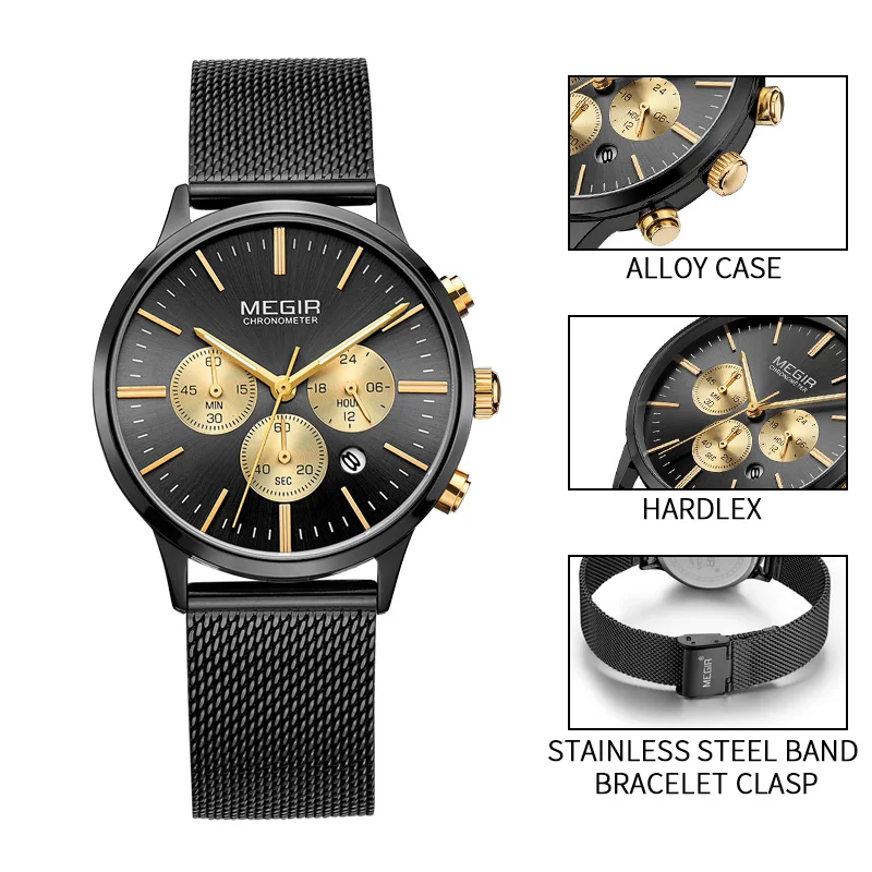 MEGIR Fashion Women Watch Luxury Ladies Stainless Steel Strap Wristwatch Waterproof Date Quartz Watches Chronograph Montre Femme