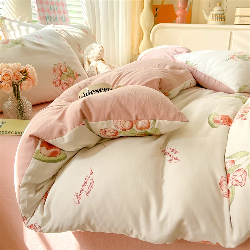 3pcs Pink Tulip Duvet Cover Set, Girls Women Bedroom Plant Flower Decoration Queen Bedding, Letter Printing King Comforter Cover
