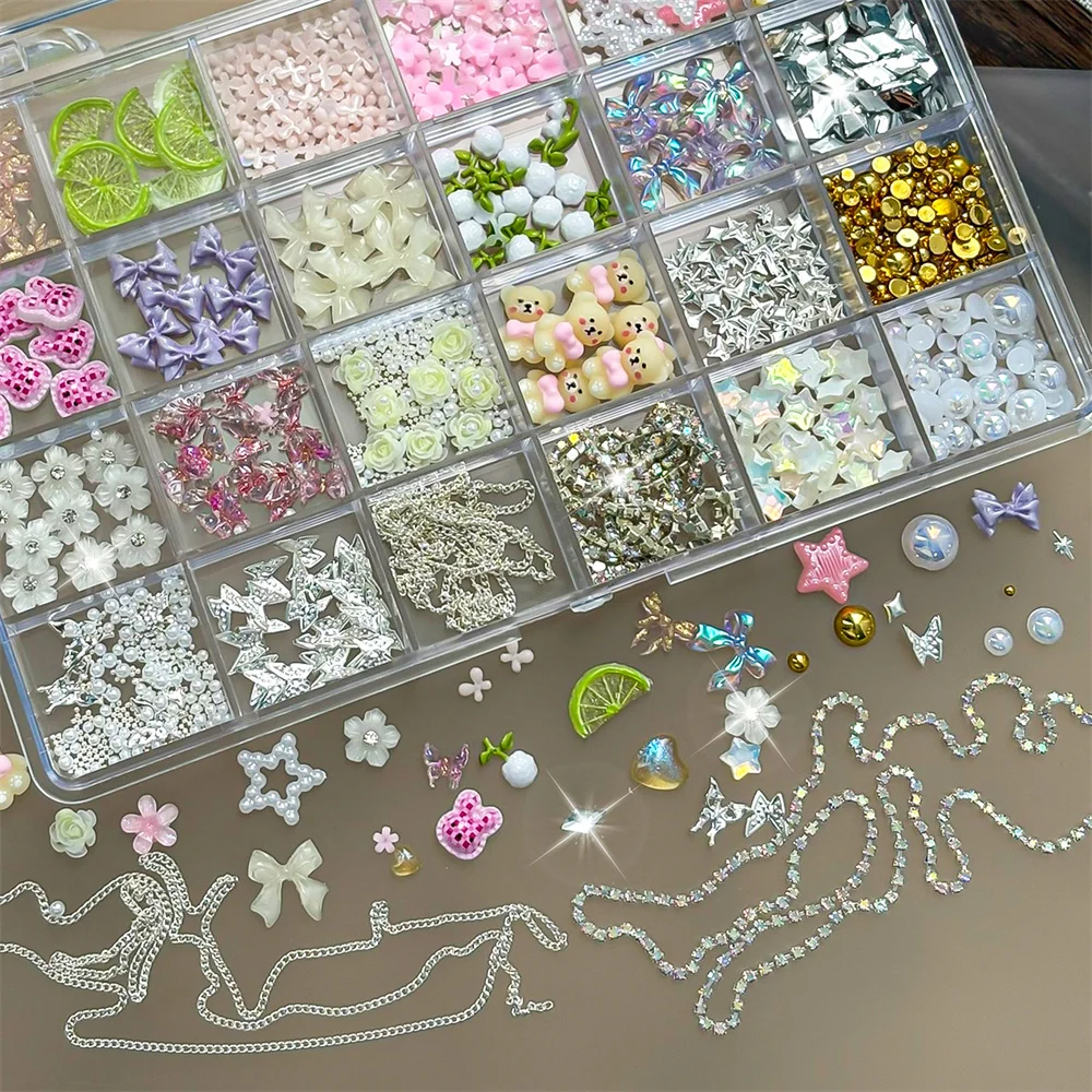 24Grids Vintage Chic Resin Nail Ornaments Floral Lace Pearl Rim Lemon Cutout Bow Long-Lasting for Daily Nail Art Design