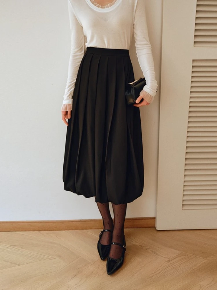 

OLrain Women's Bud Skirt 2025 Autumn New in High-waist Pleated Midi Skirts Fashion Casual Solid Loose Elegant Skirt O57QB001036