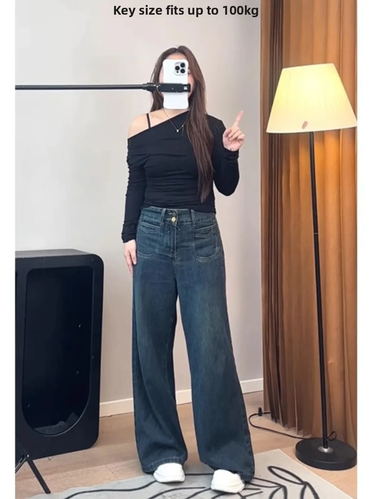 الرجعية عالية الخصر Fce اصطف واسعة الساق الجينز المرأة الخريف الشتاء حجم كبير التخسيس مستقيم قطع بنطلون فضفاض صالح الجينز