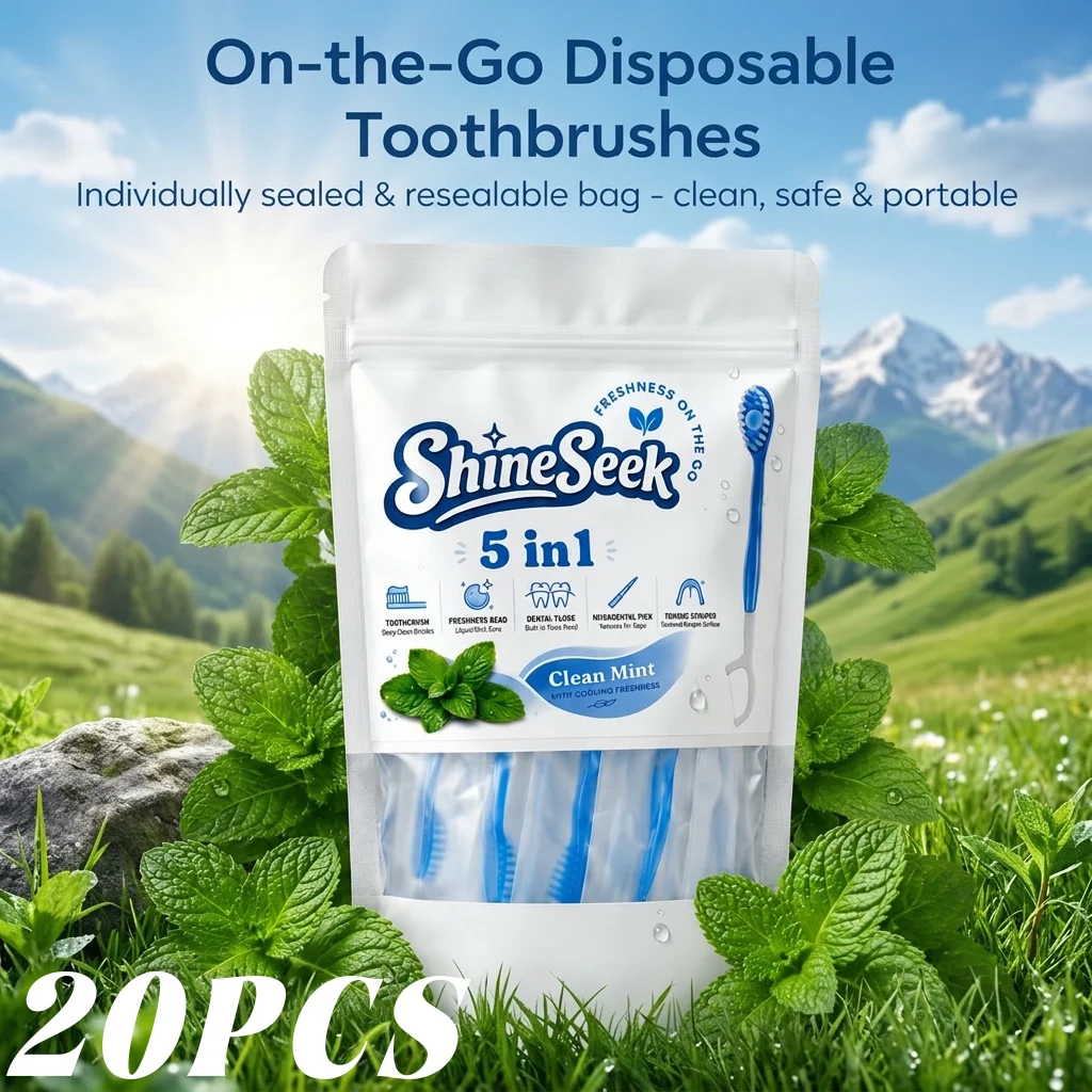 20Pcs Brand New Upgraded 5-in-1 Multifunctional Toothbrush Set with Refreshing Mint Flavor, Includes Mint Freshener Beads + Toothbrush + Dental Floss + Interdental Cleaning Stick + Tongue Scraper, Convenient and Soft, Soft Bristle Design, Teeth and Gum Care | Travel Essentials | Individually Packaged | Soft | Refreshing Mint Flavor | Travel Toothbrushes Are the Best Choice for Smart Families!