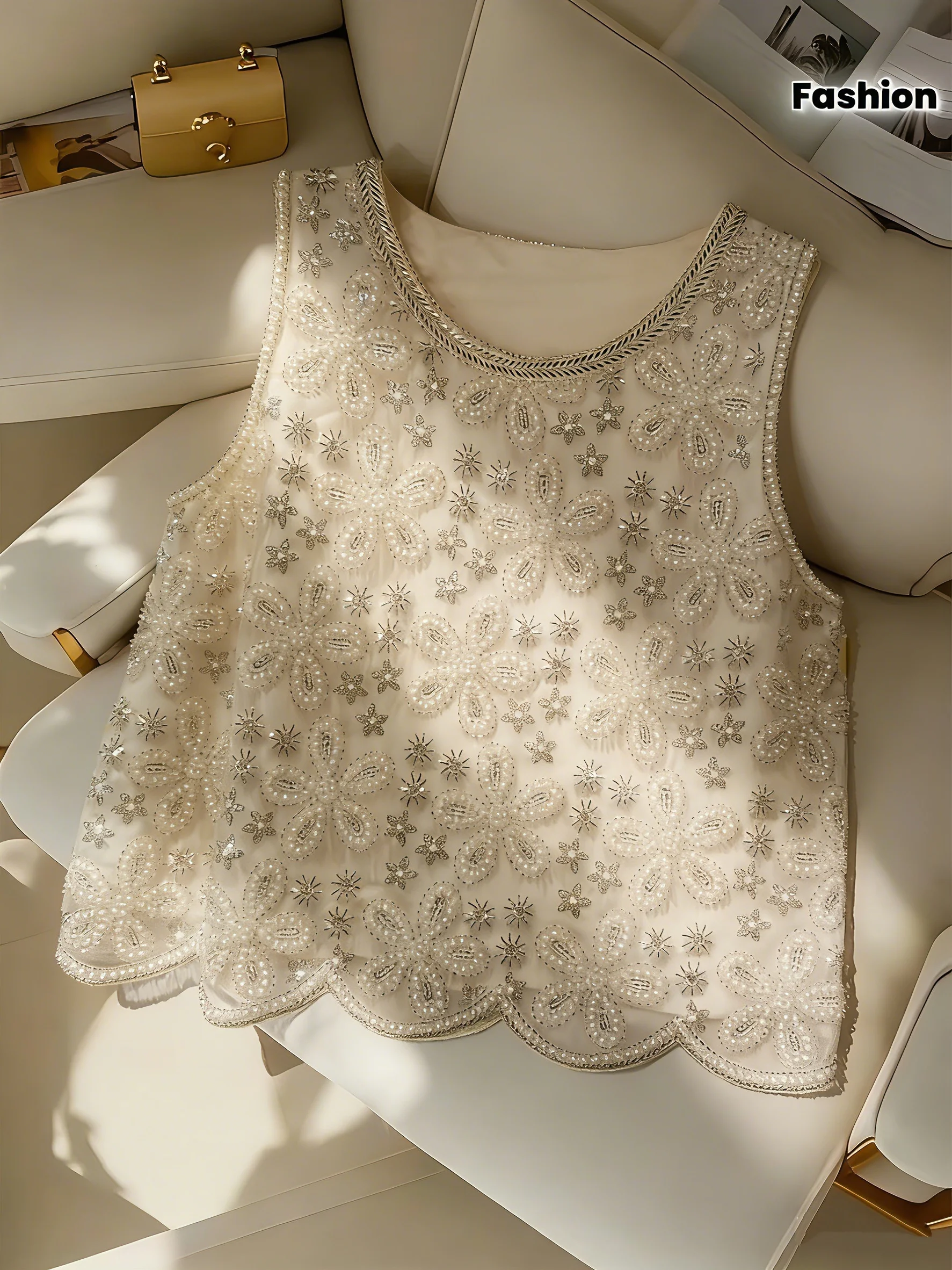 Women's Elegant Handmade Beaded Apricot Party Top - Sleeveless Sequin Tank Top, Sheer Protective Formal/Casual Wear，Textured Des