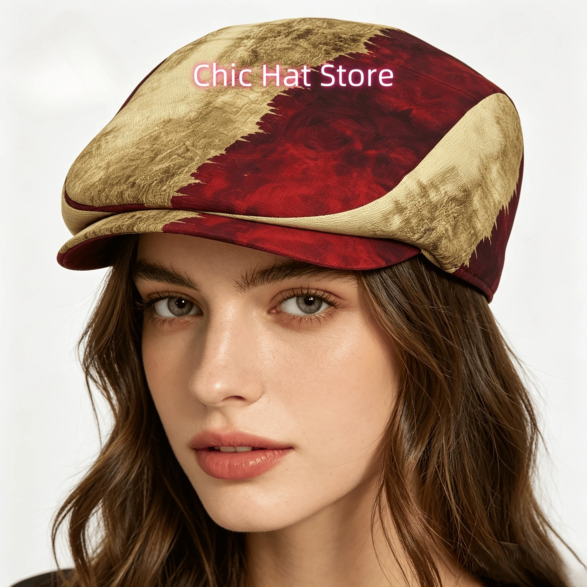 1pc Golden Red Burgundy Beige Textured Split-All-Over Print Flat-Top Hat for Men & Women - Maroon & Two-Tone Irish Newsboy, Bere