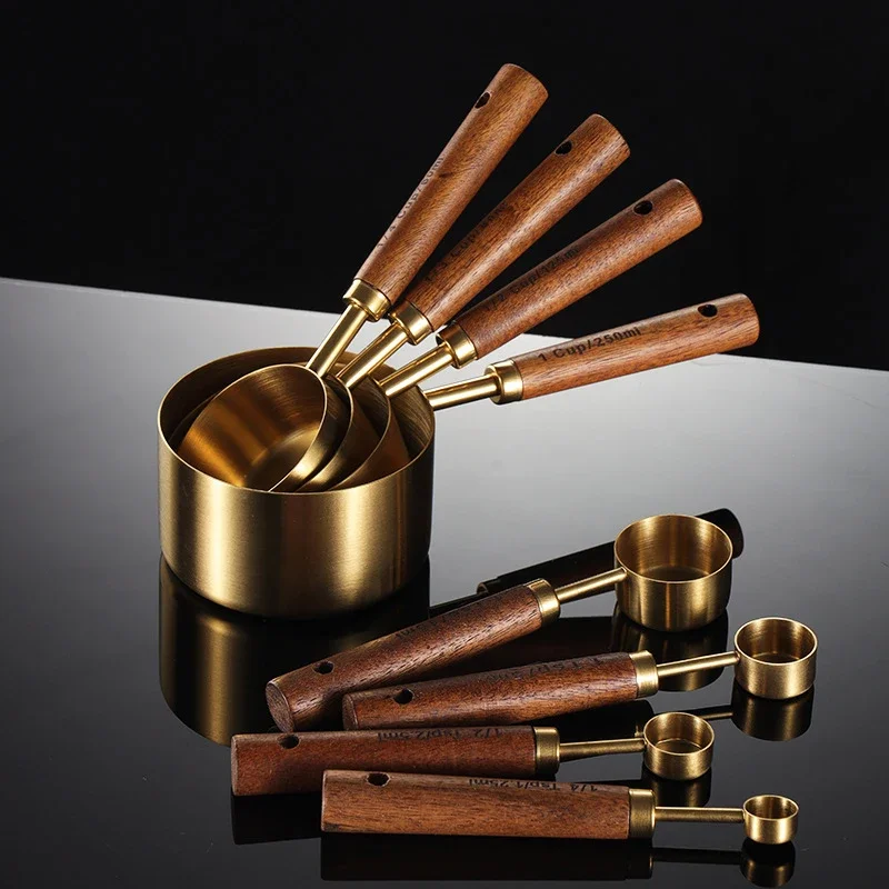 8Pcs Measuring Cups Spoons Gold Wooden Handle Stainless Steel Baking Tools Coffee Bartending Scale Kitchen Accessories Sets