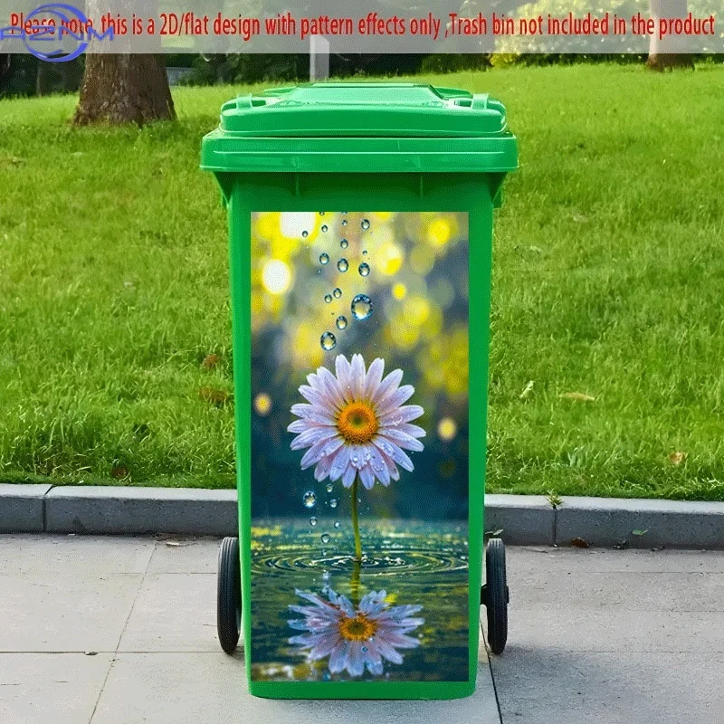 2D Flat Self-Adhesive Trash Can Sticker, Fresh Daisies in Water Splash Decorative Sticker, Creative Trash Can Decoration, Suit