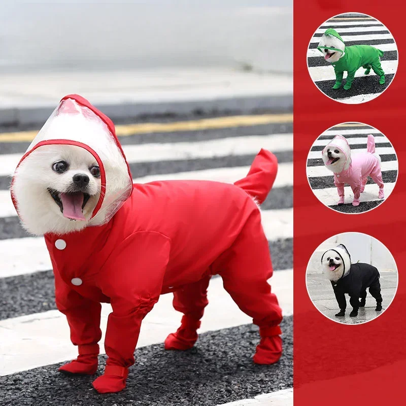 Traction rope raincoat dog four legged raincoat waterproof all inclusive Small dog teddy bear Pet outings rainy days of clothing