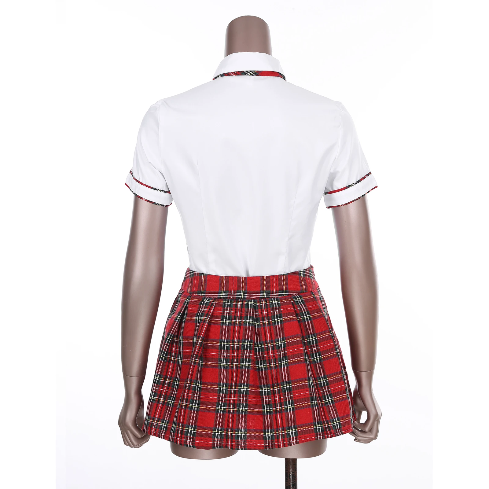 Women Girls Cosplay Costume School Uniform Short Sleeve Shirt with Plaid Skirt for Halloween Role Play Party Photography