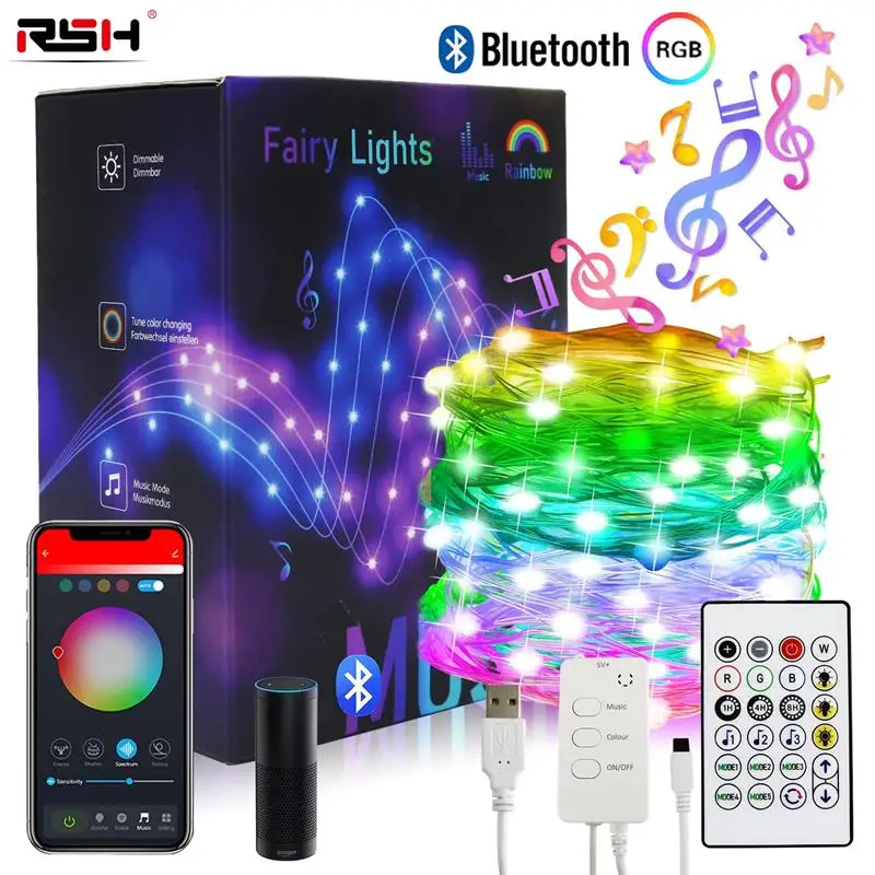 5M Bluetooth LED Smart Fairy Lights Outdoor RGB String Lights USB APP Control Music Garland Lights Copper Wire Christma Lights