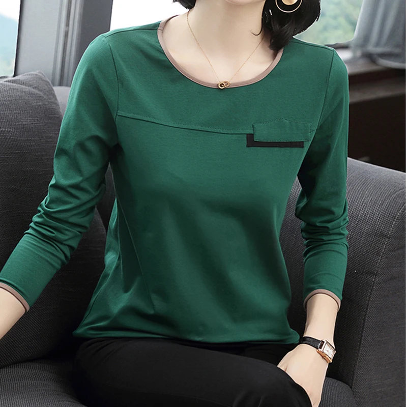 Long Sleeve Tees Cotton Women T Shirt 2022 Spring Autumn Casual Clothes Woman Tshirt Green O Neck Womens Tops Camisetas De Mujer