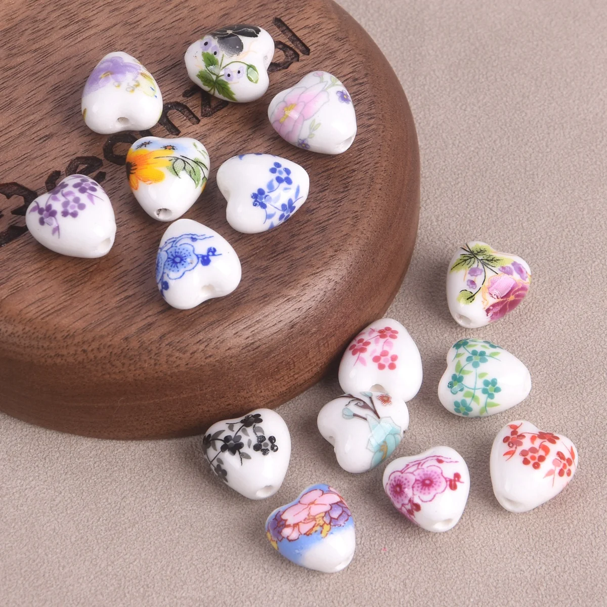 10pcs 13x12mm Heart Shape Flower Patterns Ceramic Porcelain Loose Crafts Beads For Jewelry Making DIY Findings