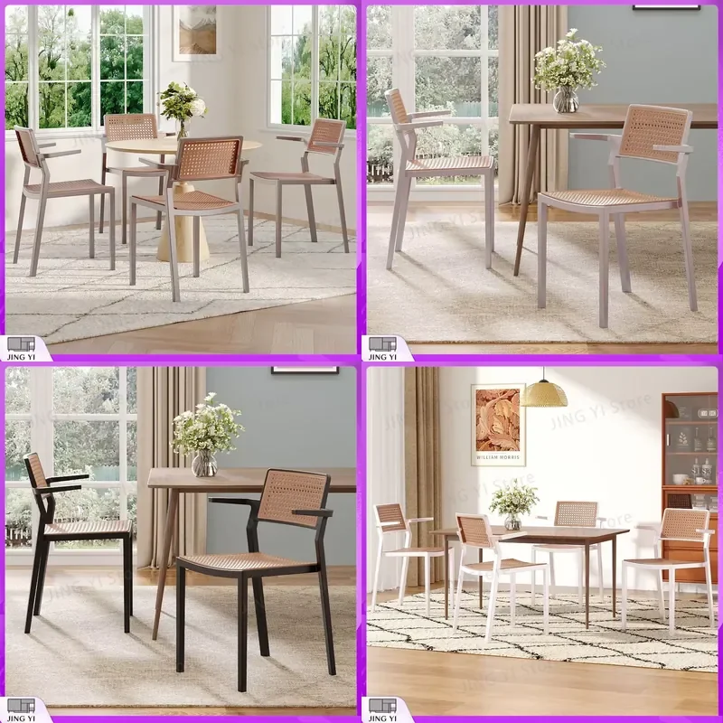 Pseudo Rattan PP Dining Chair Set of 4 with Armrest Modern Stackable Restaurant Chair for Cafe Bistro Office Commercial Use