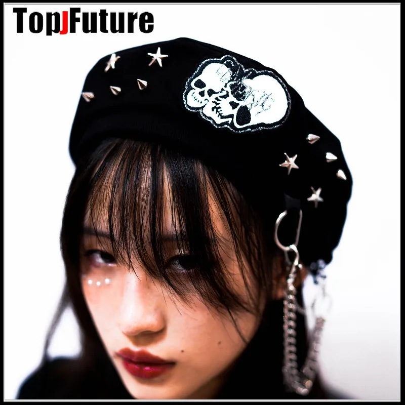 Harajuku Gothic Lolita Cosplay Rock Beret hat Cap Autumn Winter Y2K Girl Women\'s Punk Metallic Handmade skull decorative hats