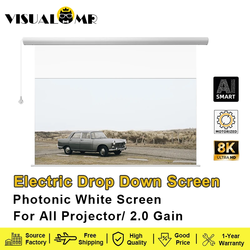 VisualMr Electric Drop Down Photonic White Motorized Projector Screen Wall Mount 120inch for 16:9 4/8K Projection with Floating