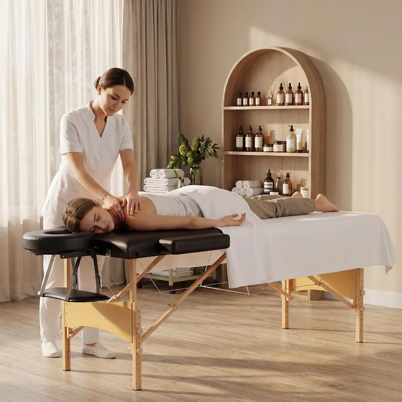 Portable Wooden Massage Table 2 Fold Lash Bed Tattoo Bed Black Spa Salon Furniture Easy Carry