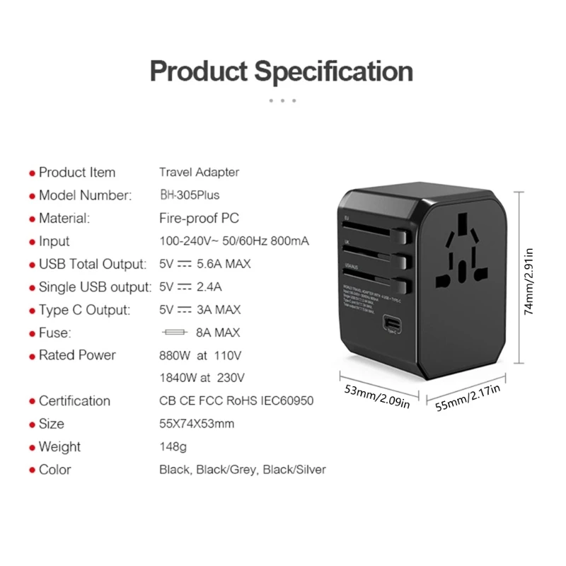 Adaptador carga viaje voltaje amplio, enchufe conversión Global multifuncional