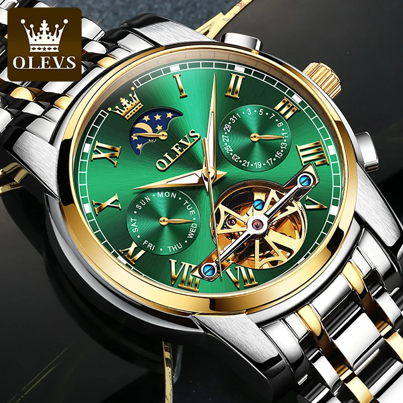 

OLEVS Mens Watches Top Brand Luxury Gold Plated Men Green Water Ghost Mechanical Watch Watch Fashion Hollow Dial Waterproof 6617