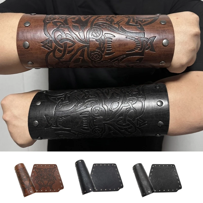 Punk Medieval Men Cosplay Bracer Knight Arm Wristband with Embossed Wolf Head Dropship