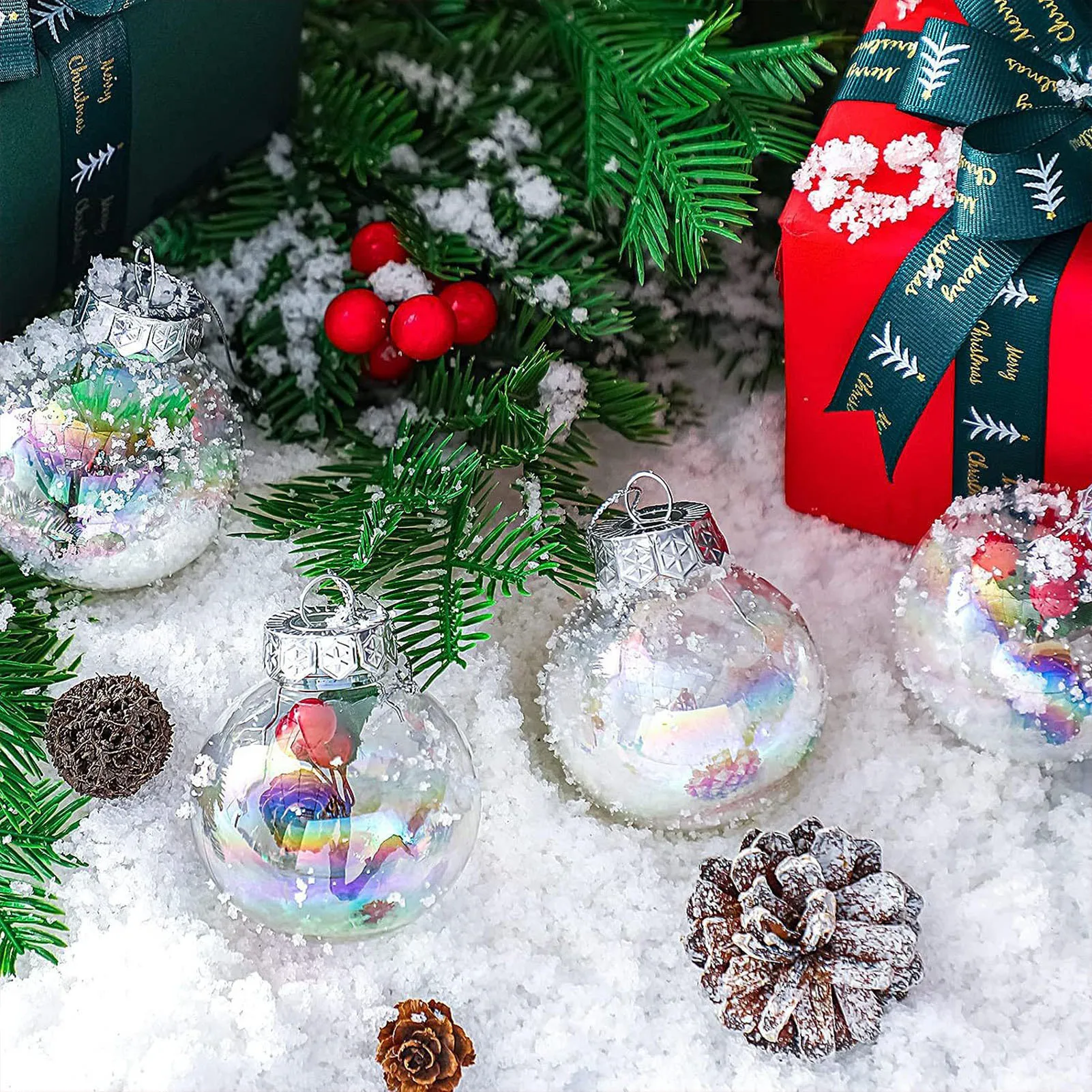 Xmas Clear Iridescent Round Ball Christmas Rainbow Color Balls for Living Room Bedroom Study Christmas Tree Pendant Decoration