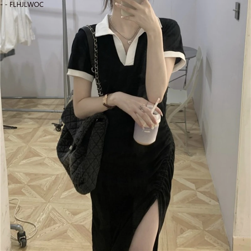 Abiti in cotone arricciato Estate Ragazze carine Donne Chic Corea Giappone Stile Casual Manica corta Colletto polo bianco Abito t-shirt