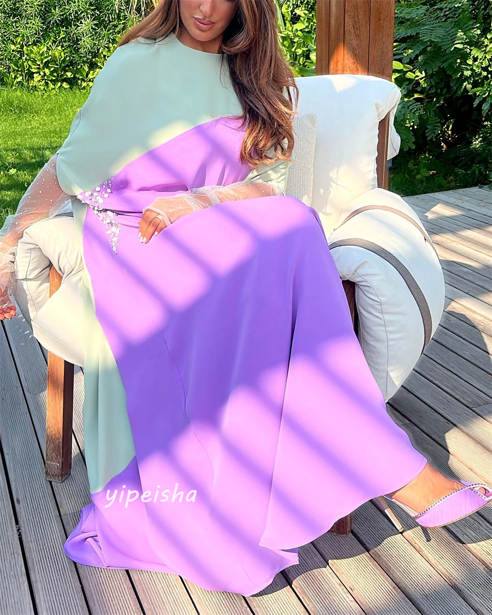 Jiayigong  Satin Beading Draped Beach A-line O-Neck Bespoke Occasion Gown Long Sleeve Dresses