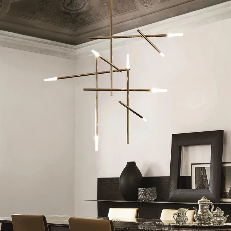 Italian Linear Ceiling Pendant Lights Dining Room Nordic Modern Designer Cross Pendant Light Villa Living Room Chandelier Lamp