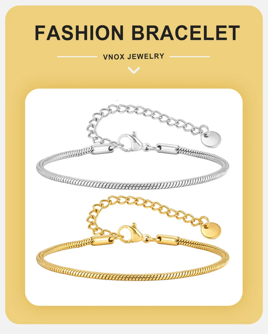 Vnox Minimalistisches 1,2/2mm Breites Dünnes Schlangenketten-Armband für Männer und Frauen, Gold- oder Silberplattierter Edelstahl Verstellbarer Schmuck Geschenk – Detail 1