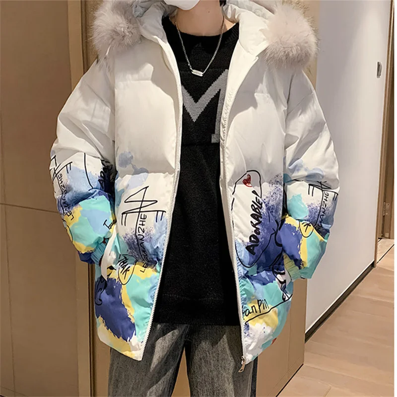 2023 Autumn New Youth Fashion Trend Handsome Hooded Printed Cotton Coat Men's Casual Versatile Warm Cotton Coat